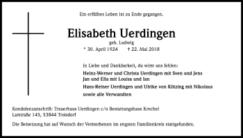 Anzeige von Elisabeth Uerdingen von Kölner Stadt-Anzeiger / Kölnische Rundschau / Express