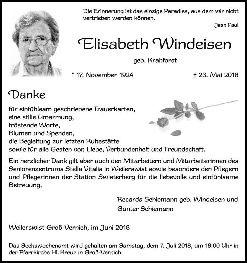  Traueranzeige für Elisabeth Windeisen vom 23.06.2018 aus Kölner Stadt-Anzeiger / Kölnische Rundschau / Express