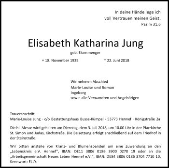 Anzeige von Elisabeth Katharina Jung von Kölner Stadt-Anzeiger / Kölnische Rundschau / Express