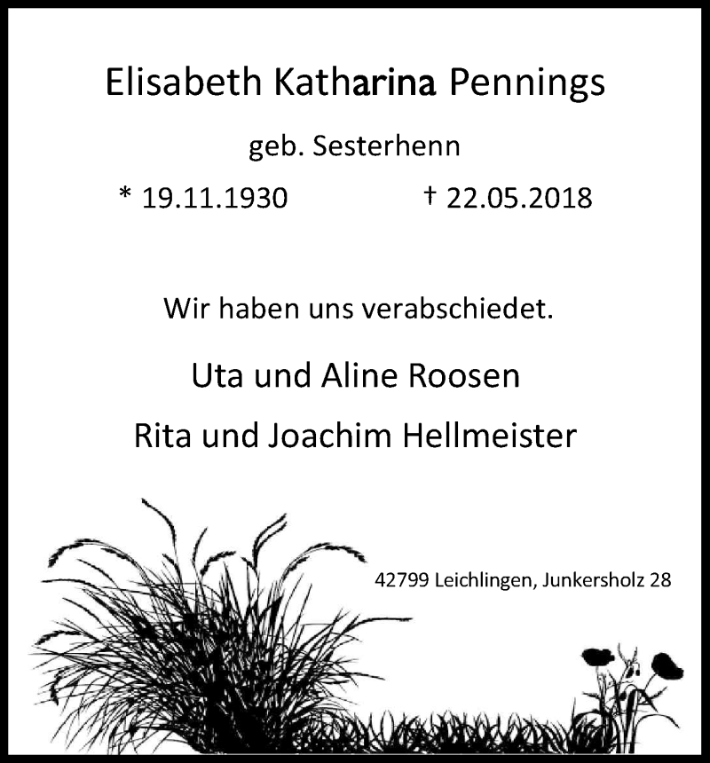  Traueranzeige für Elisabeth Katharina Pennings vom 02.06.2018 aus Kölner Stadt-Anzeiger / Kölnische Rundschau / Express