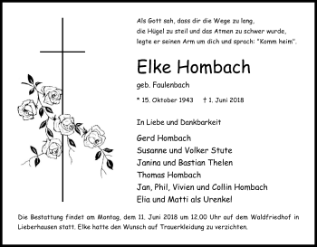 Anzeige von Elke Hombach von Kölner Stadt-Anzeiger / Kölnische Rundschau / Express
