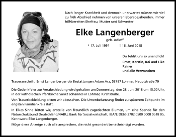 Anzeige von Elke Langenberger von Kölner Stadt-Anzeiger / Kölnische Rundschau / Express