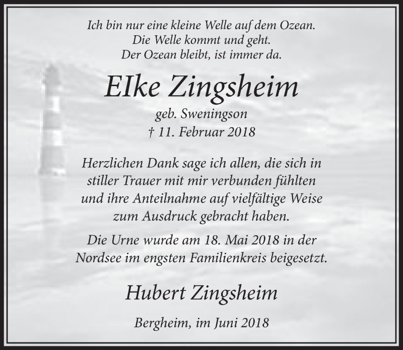  Traueranzeige für Elke Zingsheim vom 02.06.2018 aus  Sonntags-Post 