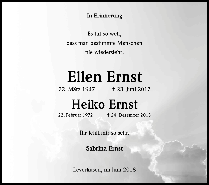  Traueranzeige für Ellen Ernst vom 23.06.2018 aus Kölner Stadt-Anzeiger / Kölnische Rundschau / Express