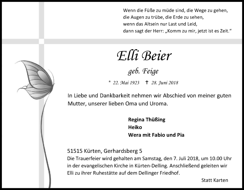  Traueranzeige für Elli Beier vom 30.06.2018 aus Kölner Stadt-Anzeiger / Kölnische Rundschau / Express