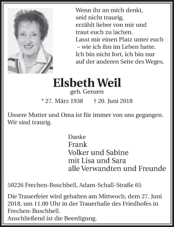 Anzeige von Elsbeth Weil von  Sonntags-Post 