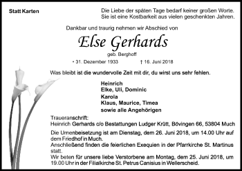 Anzeige von Else Gerhards von Kölner Stadt-Anzeiger / Kölnische Rundschau / Express