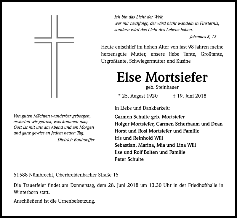  Traueranzeige für Else Mortsiefer vom 23.06.2018 aus Kölner Stadt-Anzeiger / Kölnische Rundschau / Express