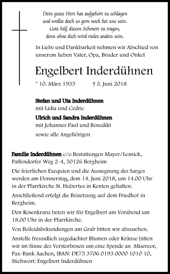 Anzeige von Engelbert Inderdühnen von Kölner Stadt-Anzeiger / Kölnische Rundschau / Express