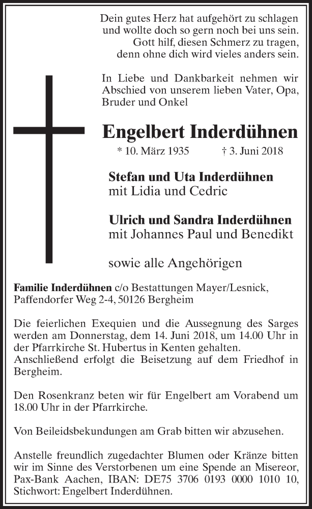  Traueranzeige für Engelbert Inderdühnen vom 09.06.2018 aus  Sonntags-Post 