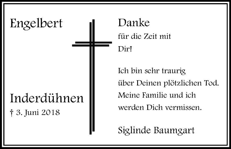  Traueranzeige für Engelbert Inderdühnen vom 09.06.2018 aus Kölner Stadt-Anzeiger / Kölnische Rundschau / Express