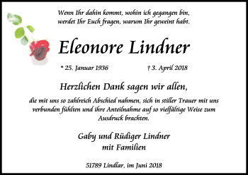Anzeige von Ereonore Lindner von Kölner Stadt-Anzeiger / Kölnische Rundschau / Express