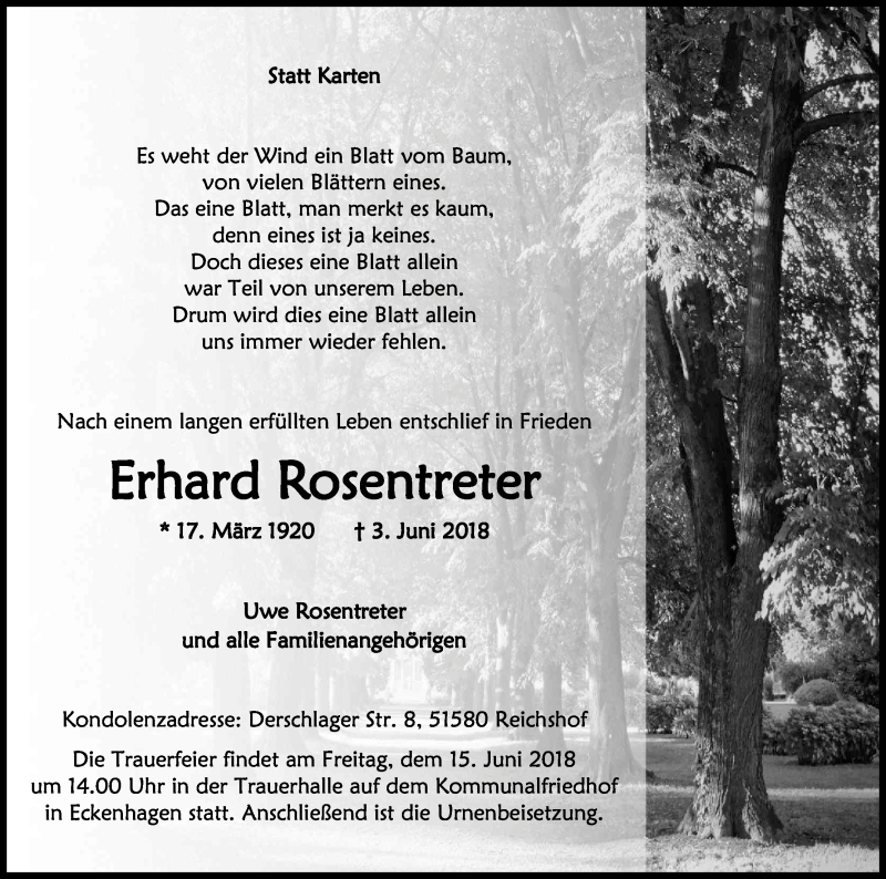  Traueranzeige für Erhard Rosentreter vom 09.06.2018 aus Kölner Stadt-Anzeiger / Kölnische Rundschau / Express
