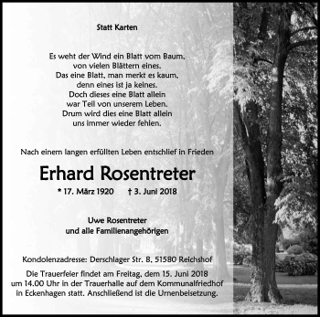 Anzeige von Erhard Rosentreter von Kölner Stadt-Anzeiger / Kölnische Rundschau / Express