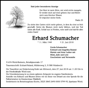 Anzeige von Erhard Schumacher von Kölner Stadt-Anzeiger / Kölnische Rundschau / Express