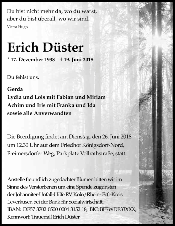 Anzeige von Erich Düster von Kölner Stadt-Anzeiger / Kölnische Rundschau / Express