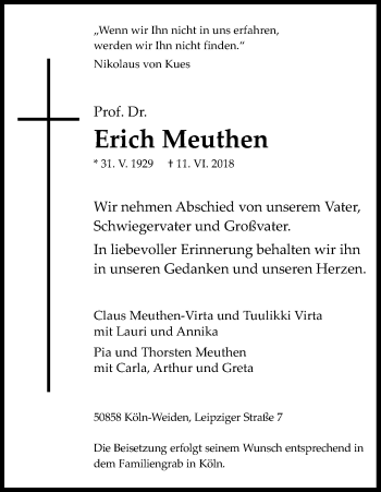 Anzeige von Erich Meuthen von Kölner Stadt-Anzeiger / Kölnische Rundschau / Express