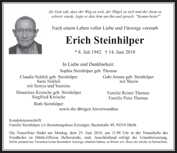 Anzeige von Erich Steinhilper von  Wochenende 