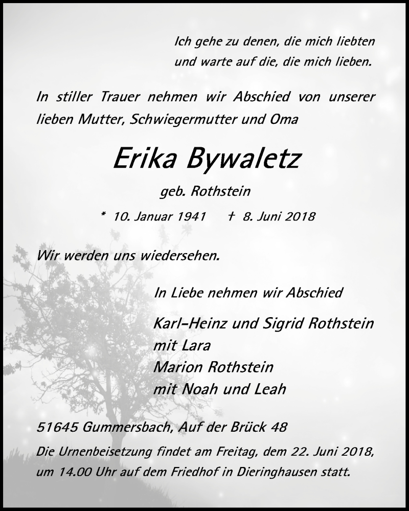  Traueranzeige für Erika Bywaletz vom 20.06.2018 aus  Anzeigen Echo 
