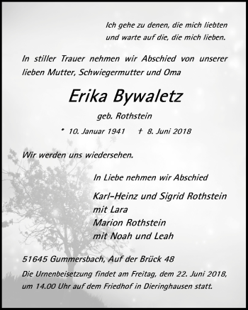 Anzeige von Erika Bywaletz von  Anzeigen Echo 