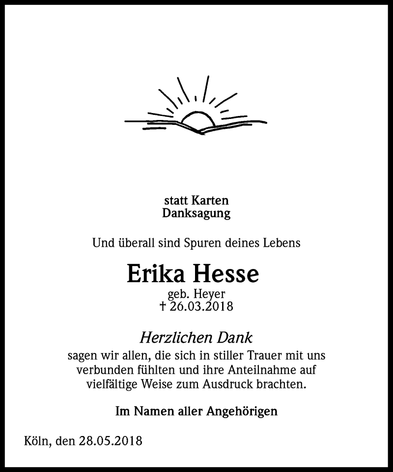  Traueranzeige für Erika Hesse vom 02.06.2018 aus Kölner Stadt-Anzeiger / Kölnische Rundschau / Express