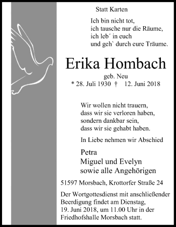 Anzeige von Erika Hombach von Kölner Stadt-Anzeiger / Kölnische Rundschau / Express