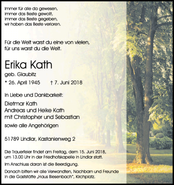 Anzeige von Erika Kath von Kölner Stadt-Anzeiger / Kölnische Rundschau / Express