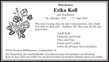 Anzeige von Erika Koll von  Sonntags-Post 