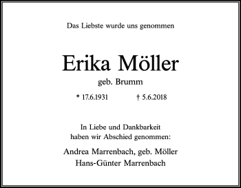 Anzeige von Erika Möller von Kölner Stadt-Anzeiger / Kölnische Rundschau / Express