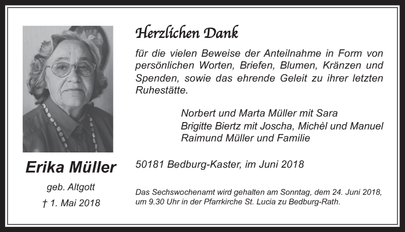  Traueranzeige für Erika Müller vom 20.06.2018 aus  Werbepost 