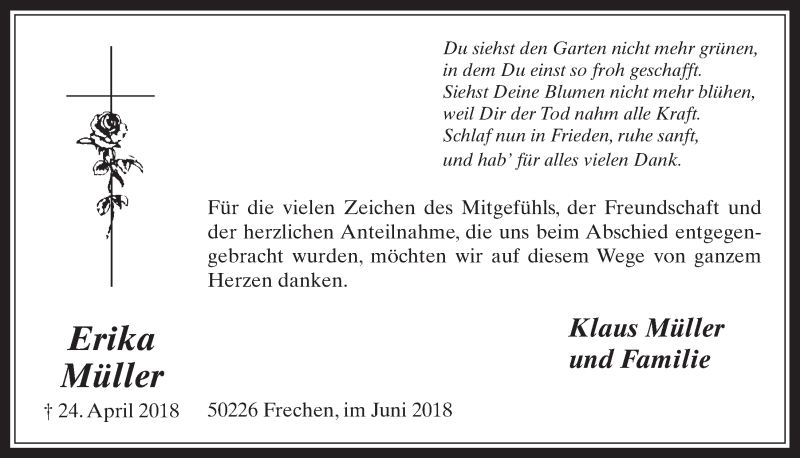  Traueranzeige für Erika Müller vom 13.06.2018 aus  Wochenende 