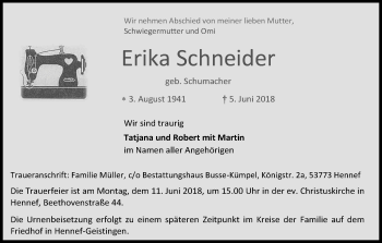 Anzeige von Erika Schneider von Kölner Stadt-Anzeiger / Kölnische Rundschau / Express