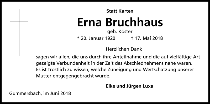  Traueranzeige für Erna Bruchhaus vom 30.06.2018 aus Kölner Stadt-Anzeiger / Kölnische Rundschau / Express