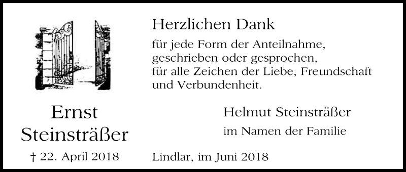  Traueranzeige für Ernst Steinsträßer vom 02.06.2018 aus Kölner Stadt-Anzeiger / Kölnische Rundschau / Express