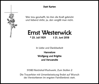 Anzeige von Ernst Westerwick von Kölner Stadt-Anzeiger / Kölnische Rundschau / Express