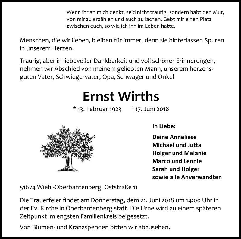  Traueranzeige für Ernst Wirths vom 20.06.2018 aus Kölner Stadt-Anzeiger / Kölnische Rundschau / Express