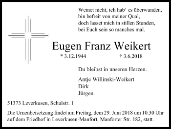 Anzeige von Eugen Franz Weikert von Kölner Stadt-Anzeiger / Kölnische Rundschau / Express