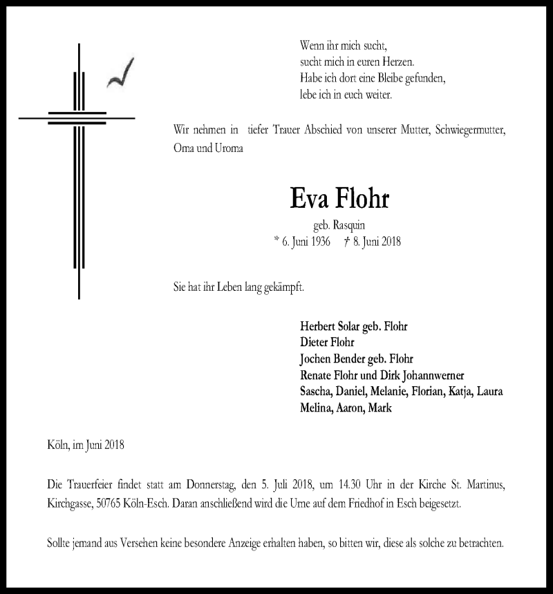  Traueranzeige für Eva Flohr vom 30.06.2018 aus Kölner Stadt-Anzeiger / Kölnische Rundschau / Express