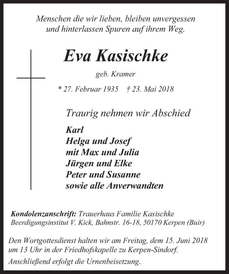  Traueranzeige für Eva Kasischke vom 13.06.2018 aus  Werbepost 