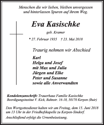 Anzeige von Eva Kasischke von  Sonntags-Post 