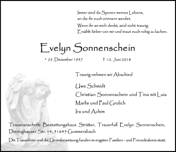 Anzeige von Evelyn Sonnenschein von  Anzeigen Echo 