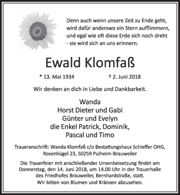 Anzeige von Ewald Klomfaß von  Sonntags-Post 