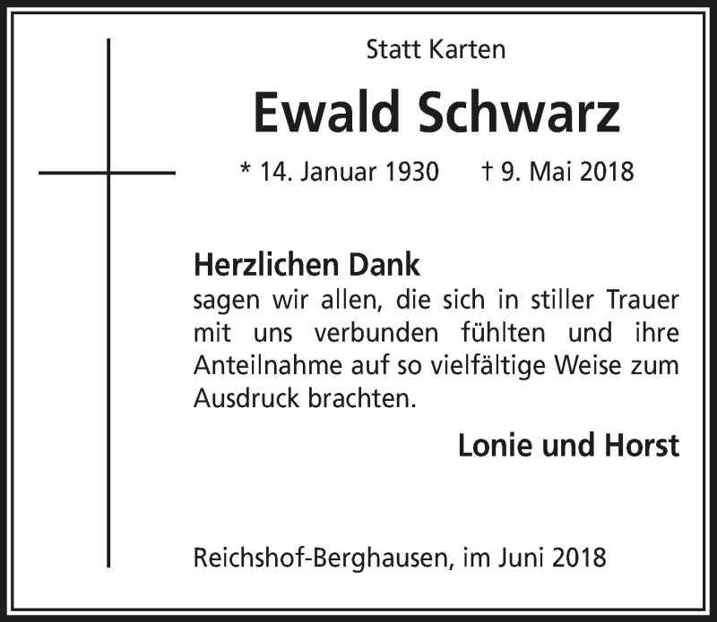  Traueranzeige für Ewald Schwarz vom 20.06.2018 aus  Anzeigen Echo 
