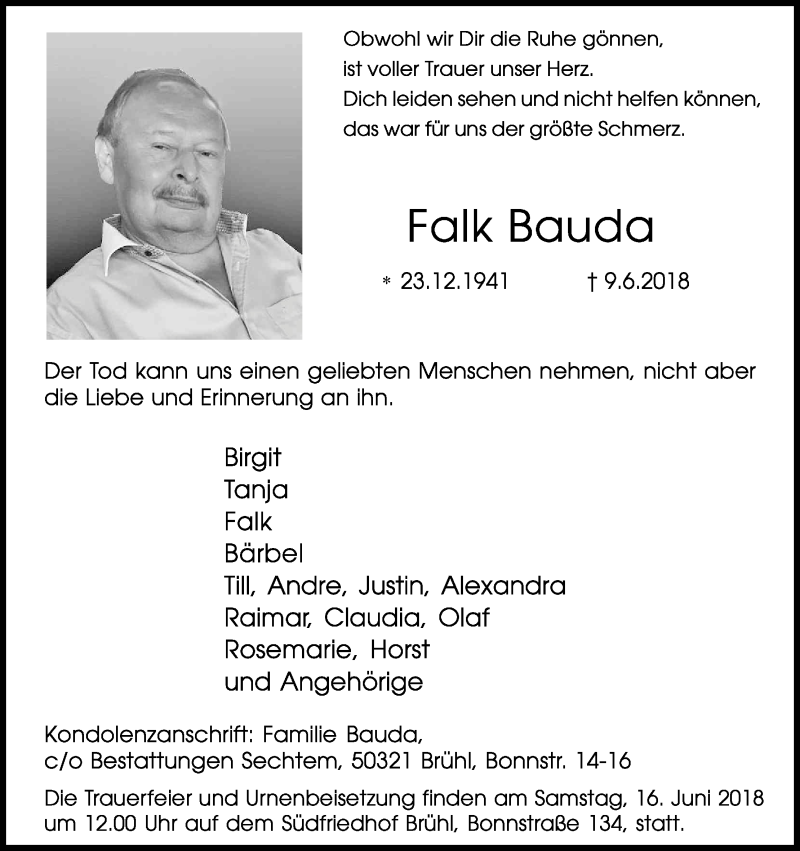  Traueranzeige für Falk Bauda vom 13.06.2018 aus Kölner Stadt-Anzeiger / Kölnische Rundschau / Express