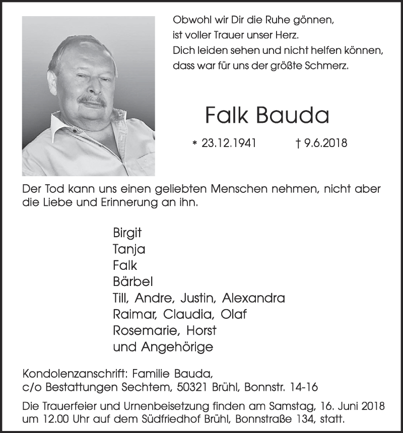  Traueranzeige für Falk Bauda vom 13.06.2018 aus  Schlossbote/Werbekurier 
