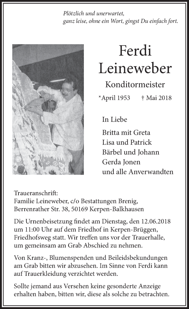  Traueranzeige für Ferdi Leineweber vom 02.06.2018 aus  Sonntags-Post 