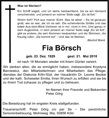 Anzeige von Fia Börsch von Kölner Stadt-Anzeiger / Kölnische Rundschau / Express