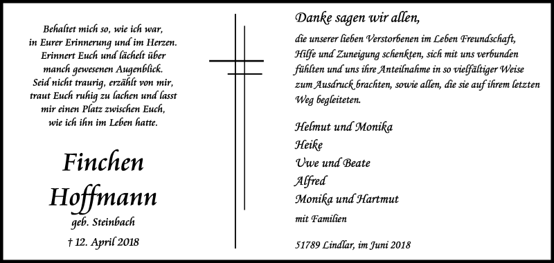  Traueranzeige für Finchen Hoffmann vom 09.06.2018 aus Kölner Stadt-Anzeiger / Kölnische Rundschau / Express