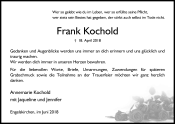 Anzeige von Frank Kochold von Kölner Stadt-Anzeiger / Kölnische Rundschau / Express