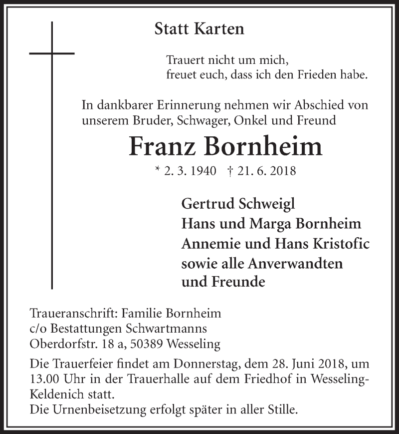  Traueranzeige für Franz Bornheim vom 27.06.2018 aus  Schlossbote/Werbekurier 
